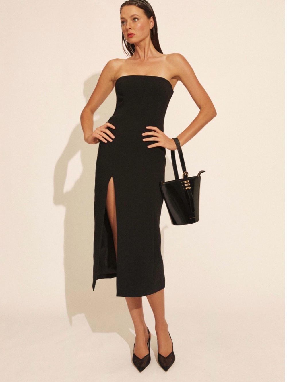 Bardot Mercer Midi Dress Strapless Minimalist LBD Wedding Guest Black Small